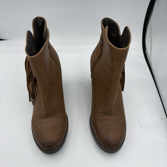 Steve Madden Boots Womens 8.5 Woodstock Brown Leather Fringe Bootie Block Heel C - Picture 2 of 9